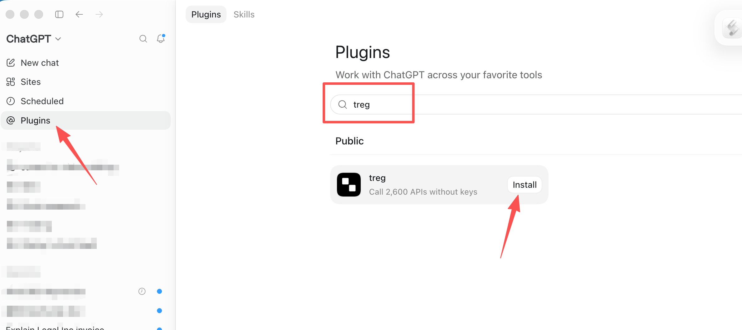 ChatGPT's Plugins directory with “trio” searched and its Install button