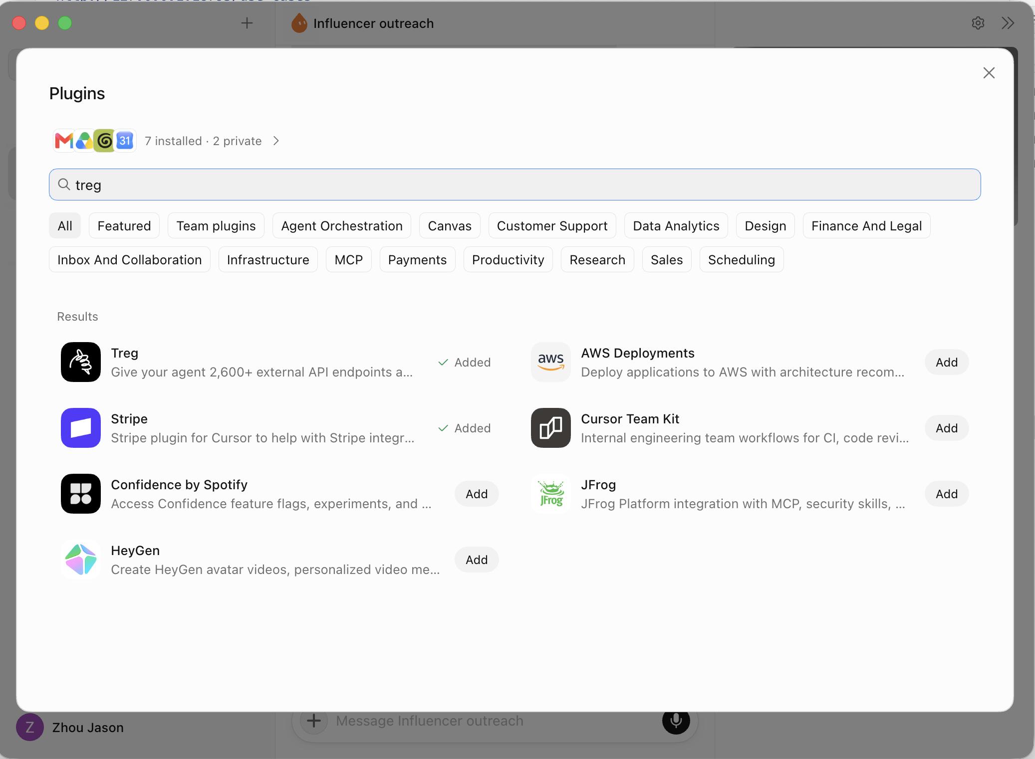 Grok Bot's Plugins dialog with “trio” searched and the Trio plugin added